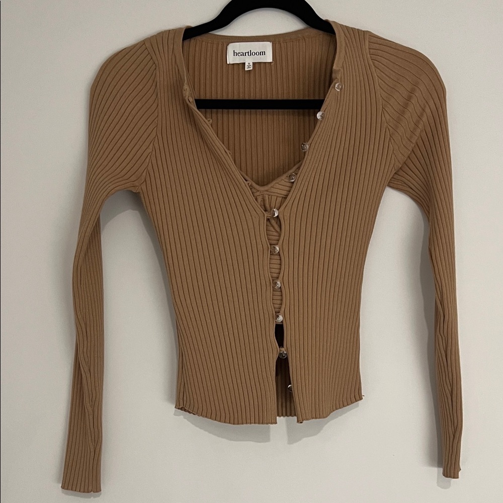 Heartloom Ribbed Button-Up Cardigan in Tan